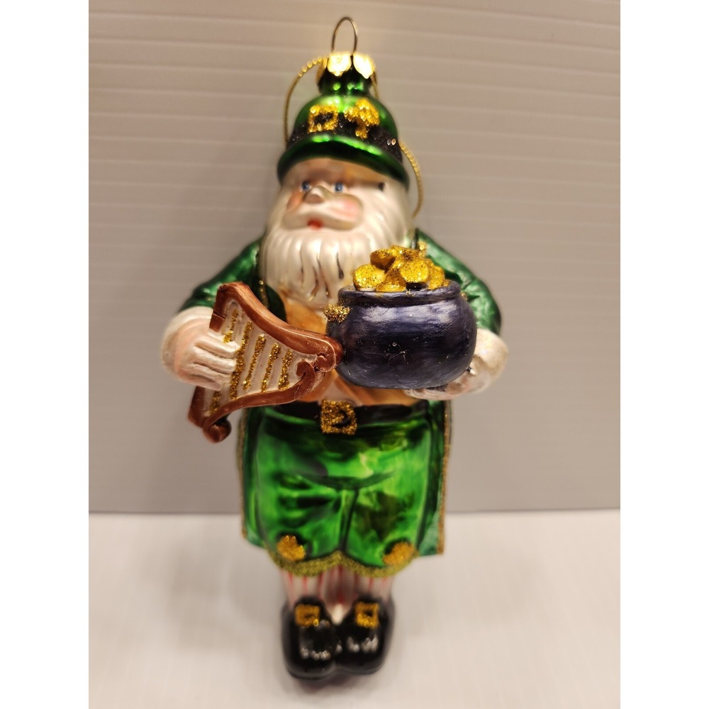 Blown Glass Santa Leprechaun Ornament 6in Glitter Accent, Pot Of Gold Harp,shiny